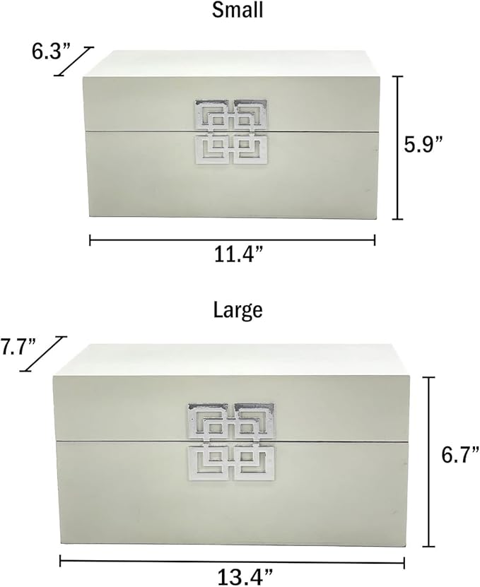 Galt International Storage Box Set Decorative Storage Box w/Hinged Lid Classic Design Wood Decor Boxes with Geometric Clasp Storage for Bedroom &amp Home - Set of 2 (White &amp Silver)