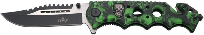 THIRD Assisted Knife 17141V Aluminum Handle with camo Coated Pattern of Green Skulls Holes in The Handle and Skull. with Clip