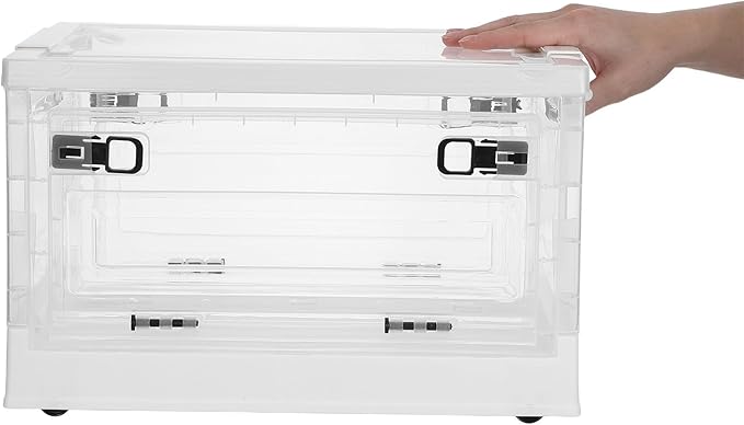Lidded Home Storage Bins with Wheels: 29L Large Collapsible Containers with 3 Doors for Desk Storing Craft Stationery - Stationary Makeup Organizer (White)