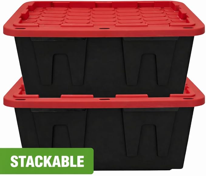 27 Gallon Large Storage Bin with Snap Lid Heavy Duty Plastic Storage Container Black and Red 4 Pack