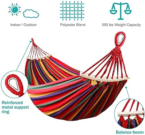 Outerman 275 x 155 cm Camping Hammock Hammocks Thickened Canvas Fabric with 550lb Load Capacity Two Anti Roll Balance Beam and Sturdy Metal Knot Tree Straps for Travel Beach Backyard etc.