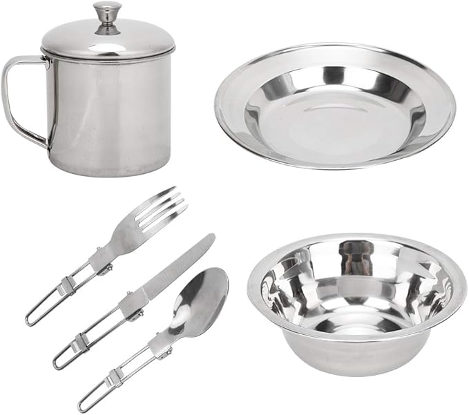 Stainless Steel Camping Dinnerware SetInclude Plate Bowl Cup Fork Spoon KnifePortable Single Person Cookware for Camping Picnic Hiking
