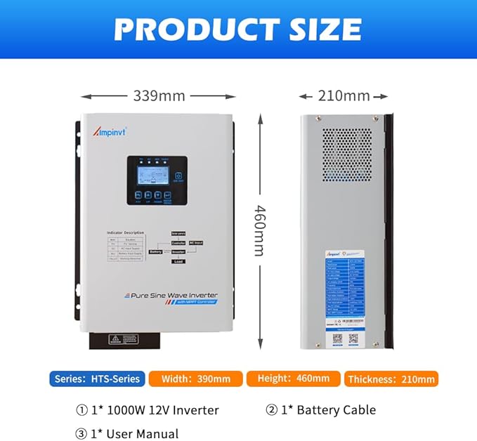 Ampinvt 1000W Low Frequency Pure sine Wave Solar Inverter 12V DC to 120V AC with 30A MPPT Solar Controller &amp 15A Battery AC Charger Compatible with Lifepo4 Battery for Home BackupOff-Grid Livin