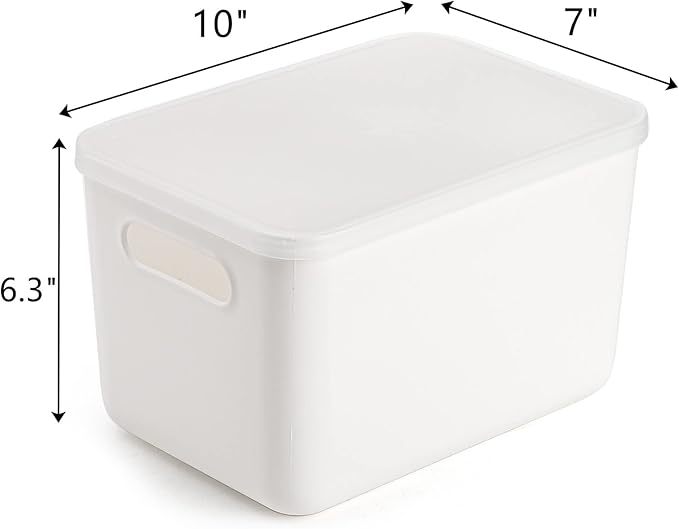 Lawei 4 Pack Plastic Storage Bins with Lid White Stackable Storage Basket Organizer Box Sturdy Containers Organizing Lidded Bins for Shelves Cabinet Desk Pantry Bedroom Book Toys