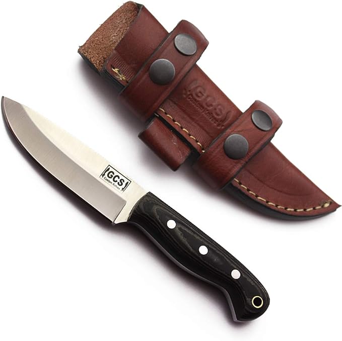 GCS Custom Handmade Black &amp White G10 Handle D2 Tool Steel Survival Tactical Hunting Fixed Blade Knife with Brown Leather Right or Left Hand Horizontal Fixed Blade Knife Sheath GCS229