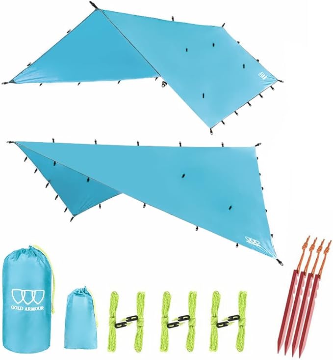 Gold Armour Rainfly Tarp Hammock Premium 14.7ft/12ft/10ft/8ft Rain Fly Cover Waterproof Ultralight Camping Shelter Canopy Survival Equipment Gear Camping Tent Accessories (Sky Blue 10ft x 10ft)