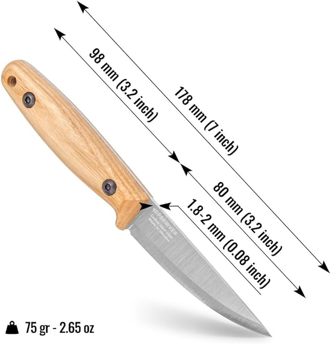 BPSKNIVES Finn Lite - Puukko Knife - Fixed-Blade Carbon Steel Knife with Leather Sheath - Small Full Tang Camping Knives - Scandinavian Camp Utility Knives