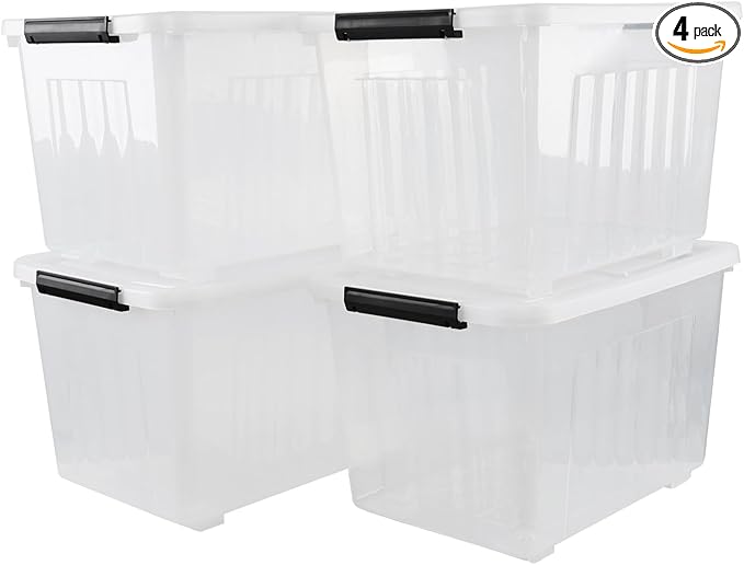 50 Quart Clear Storage Container with Lids and Wheels 4-Pack Clear Plastic Latching Bins