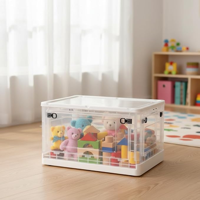 88 QT Clear Storage Bin with 5-Sided Open Lid Stackable Plastic Storage Bins For Bedroom Living Room Office Multifunctional Foldable Storage Box For Clothes Office Supplies Snacks (4Pcs)