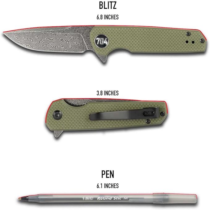 704 Gear Blitz EDC Folding Pocket Knife | Compact 2.98 Blade Damascus Steel G10 Handle Reversible Pocket Clip | Olive Drab Green with Damascus Steel
