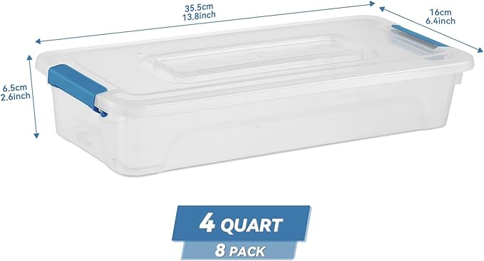 Clear Plastic Storage Bins with Lids Stackable Storage Box for Crafts Supplies (Small 8Pack Blue)