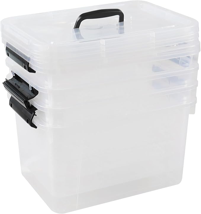 Hespama 12 Quart Plastic Medium Storage Container 4 Packs Lidded Storage Box Bin with Handles
