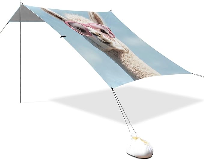 ALAZA Llama Wearring Sunglasses Beach Tent Sun Shelter UPF50+ Protection Beach Shade Canopy w/ 4 Sandbags for Outdoor Camping Fishing Backyard Fun Picnic 10x9 ft