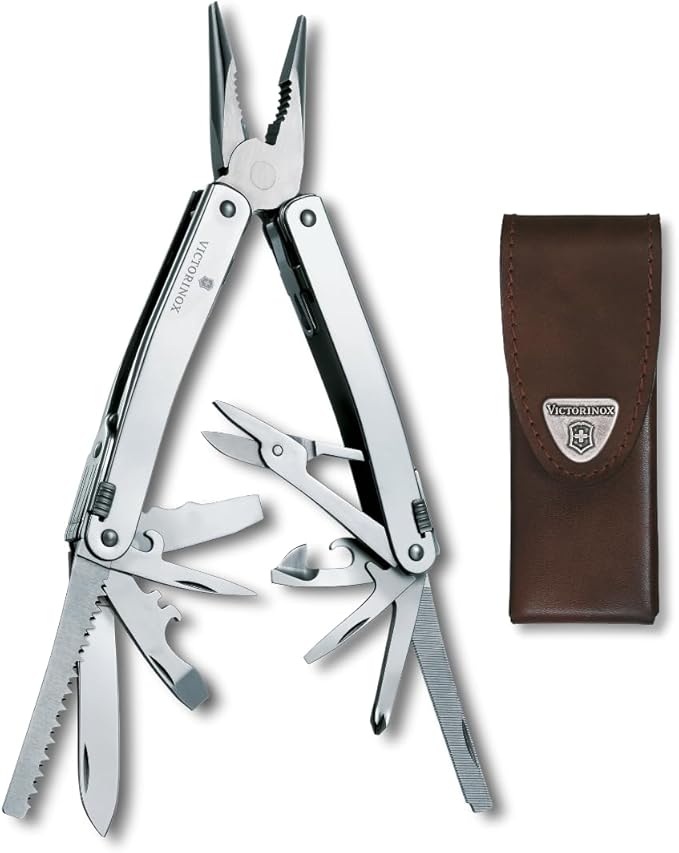 Victorinox Swiss Tool Spirit X Multi Tool 24 Function Swiss Made with Locking Blade and Long-Nosed Pliers and Leather Pouch - Silver