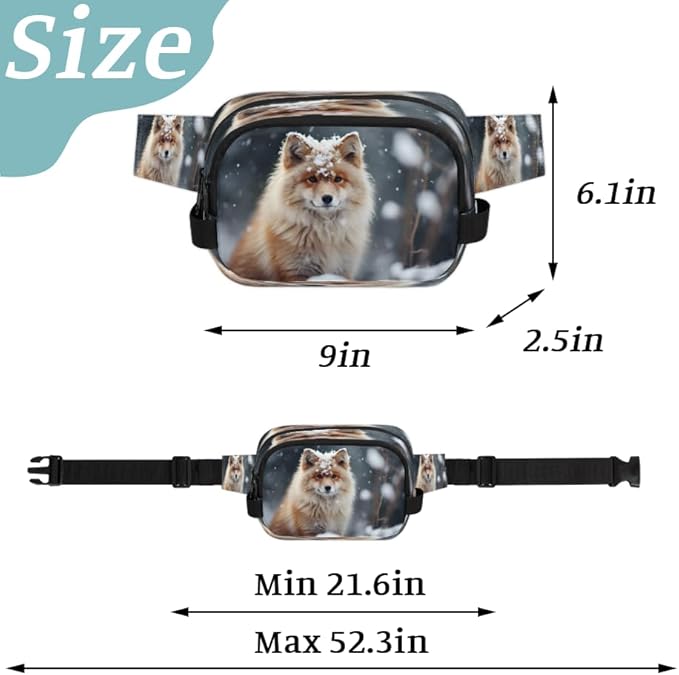 Cute Fox Snow Waterproof Fanny Pack for Women Men Adjustable Waist Bag with Double Zipper Pockets Lightweight Square Hip Pack for Running Travel Hiking Workout Cycling