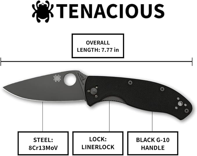 Spyderco Tenacious Folding Pocket Knife with 3.3 8Cr13MoV Steel Blade and FRN Handle - EDC Knife for Men and Women Perfect for Hunting Tactical Camping Survival Hiking - PlainEdge - C122GBBKP