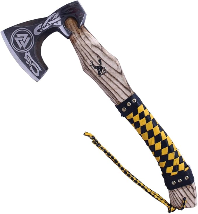 TheBoneEdge 17.5 Yellow &amp Black Leather Wrapped Handle Steel Blade Hunting Axe with Sheath