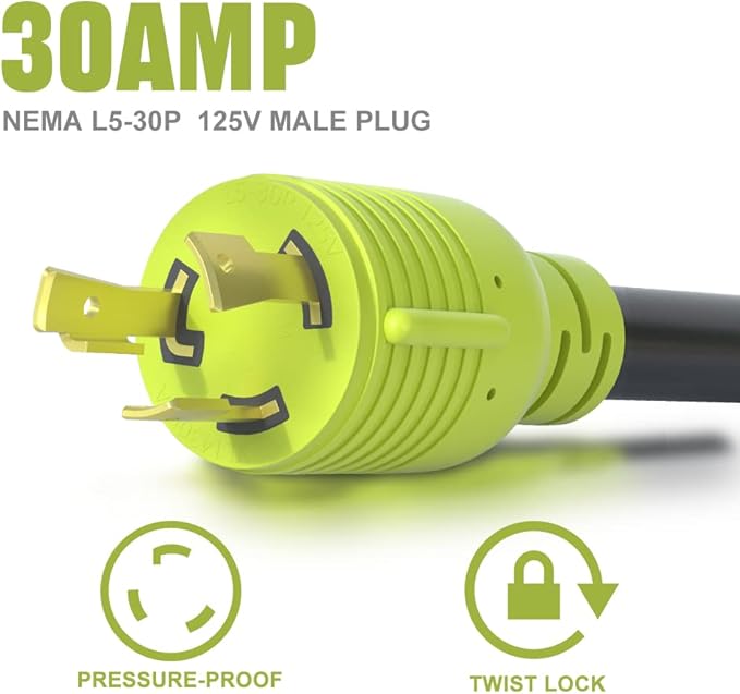 RV 30 Amp to 110 Adapter Generator Power Cord 3 Prong 30 Amp Adapter Plug to 20 Amp Twist Lock SocketNAMA L5-30P Male Plug to 3X 5-20R T-Blade Female10 AWG STW (1.5FT)