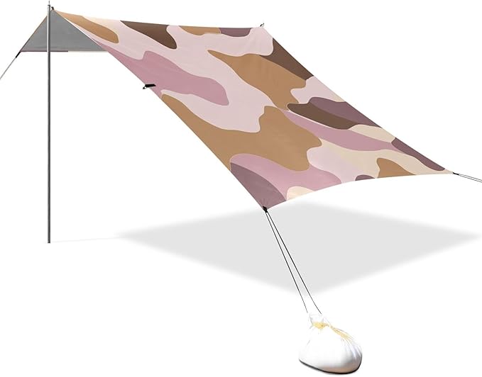 Coffee Brown Foldable Beach Tent UPF50+ Protection Easy Setup Portable Sun Shelter with Sandbags &amp Sand Shovel for Camping Trips Fishing Backyard Fun or Picnics