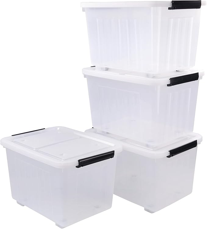 4 Packs 30 L Stackable Plastic Storage Bins with Lids and Wheels Latching Clear Storage Container Box