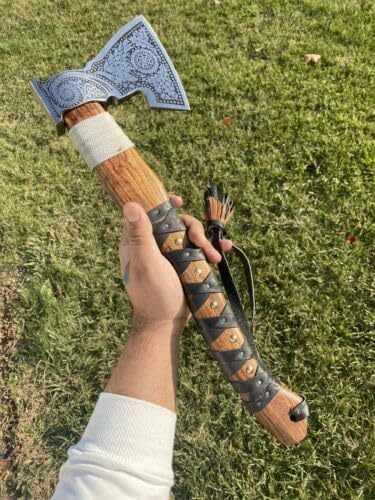 MJ Custom Forged Carbon Steel Viking Axe with Rose Wood Shaft Viking Bearded Camping Axe Tomhawk Ready Battle Axe Black