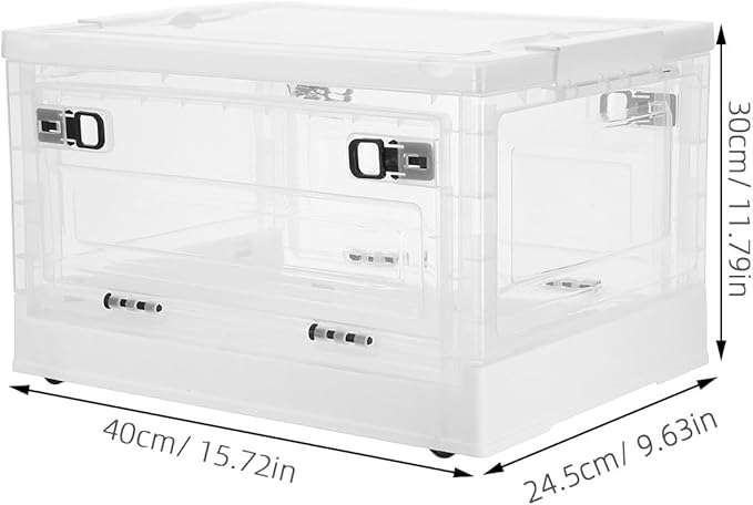 Lidded Home Storage Bins with Wheels: 29L Large Collapsible Containers with 3 Doors for Desk Storing Craft Stationery - Stationary Makeup Organizer (White)