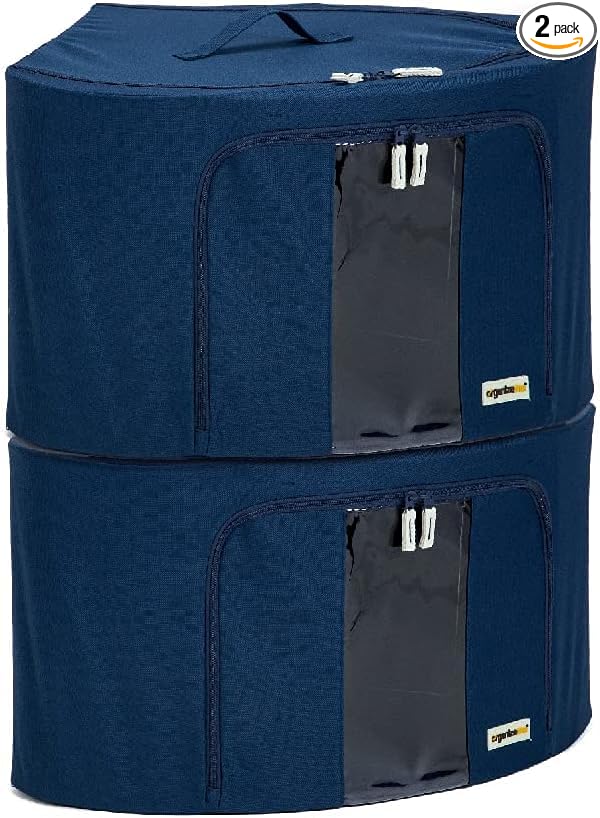 Foldable Clothes Storage Bag Organizer Corner Pop Up Bins Strong Handle Quality Fabric for Collapsible Closet Boxes 2 Pack (Large Saphhire)