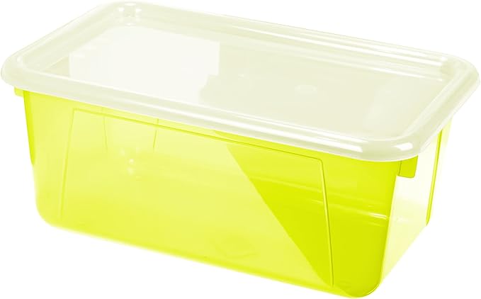 Storex Small Cubby Bins – Plastic Storage Containers for Classroom with Non-Snap Lid 12.2 x 7.8 x 5.1 inches Tint Yellow 5-Pack (62482A05C)