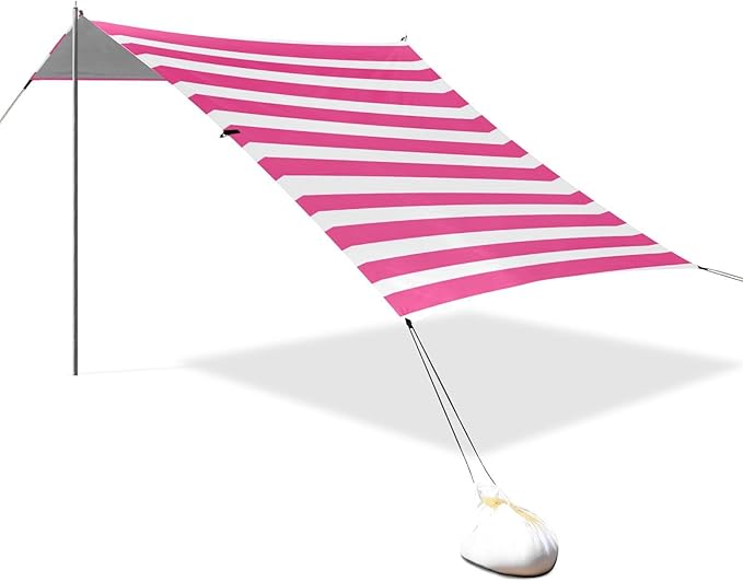 ALAZA Pink White Striped Beach Tent Sun Shelter Portable Canopy Sunshade for Outdoor Camping Picnics Backyard Fun 10x9 ft