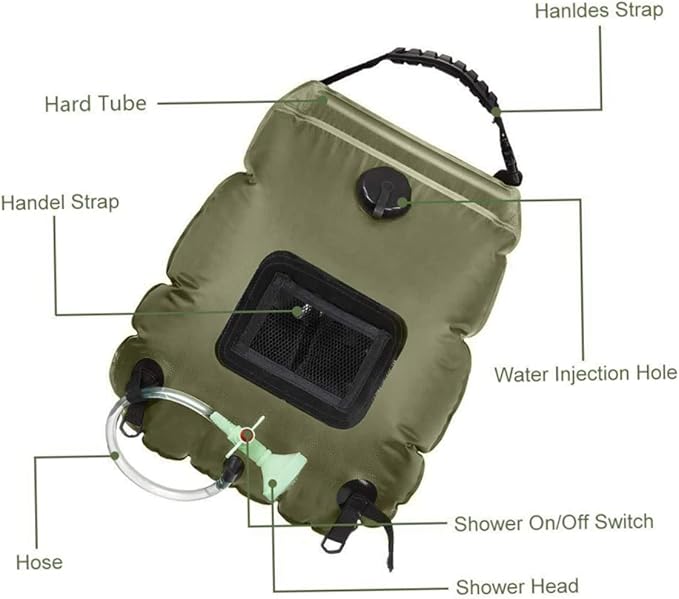 Solar Shower Bag Portable Outdoor Water Storage Shower Nozzle for Camping Hiking Beach Travel Olive Green Convenient Water Temperature Display Easy to