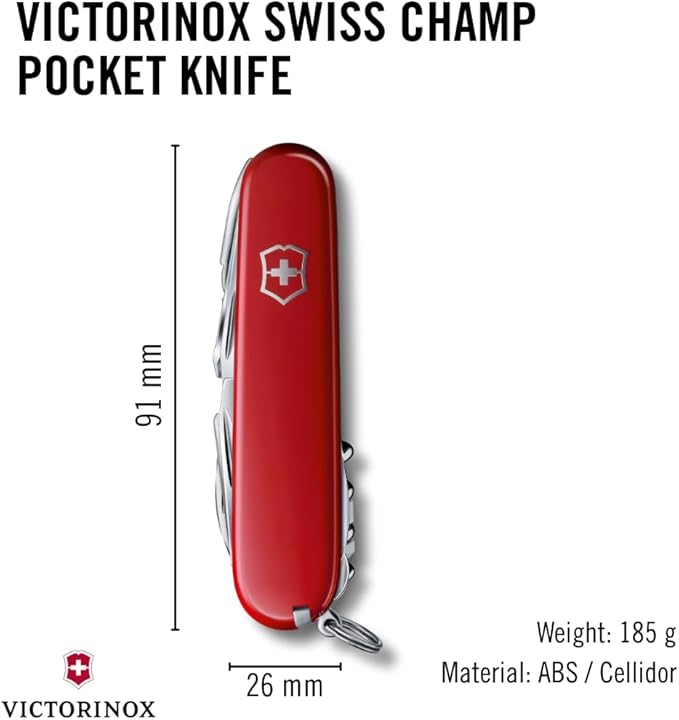 Victorinox Swiss Champ Swiss Army Knife 33 Functions Swiss Made Pocket Knife with Large Blade Screwdriver Chisel and Combination Pliers - Red