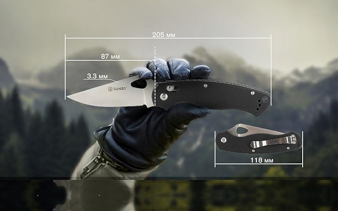 Ganzo G729-BK Folding Pocket Knife 440C Stainless Steel Blade Ergonomic G10 Non-Slip Handle with Clip Hunting Fishing Camping Folder Axis Lock Outdoor EDC Knife (Black)