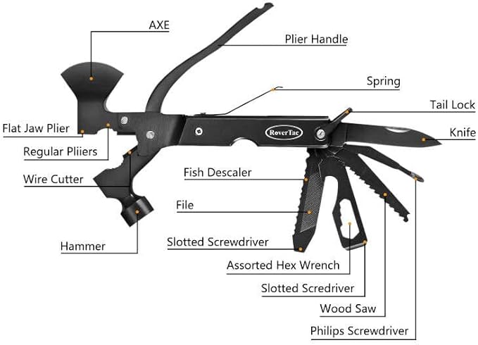 RoverTac 14-in-1 Multitool Camping Axe – Multi Tool with Knife Hammer Saw Screwdrivers Bottle Opener – Camping Tool with Sheath – Tool Gifts for Men Dad Husband and Outdoor Enthusiasts.