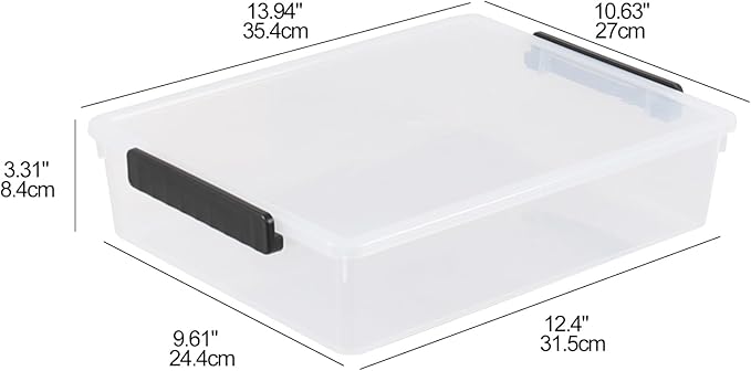 4 Pack Flat Plastic Latching Bins with Lids 6 Quart Stackable Clear Storage Box