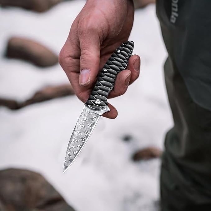 Zingbee Damascus Pocket Knife 2.87 Damascus Blade Folding Knives with Stainless Steel Handle EDC Knife for Camping Hiking Hunting Gift