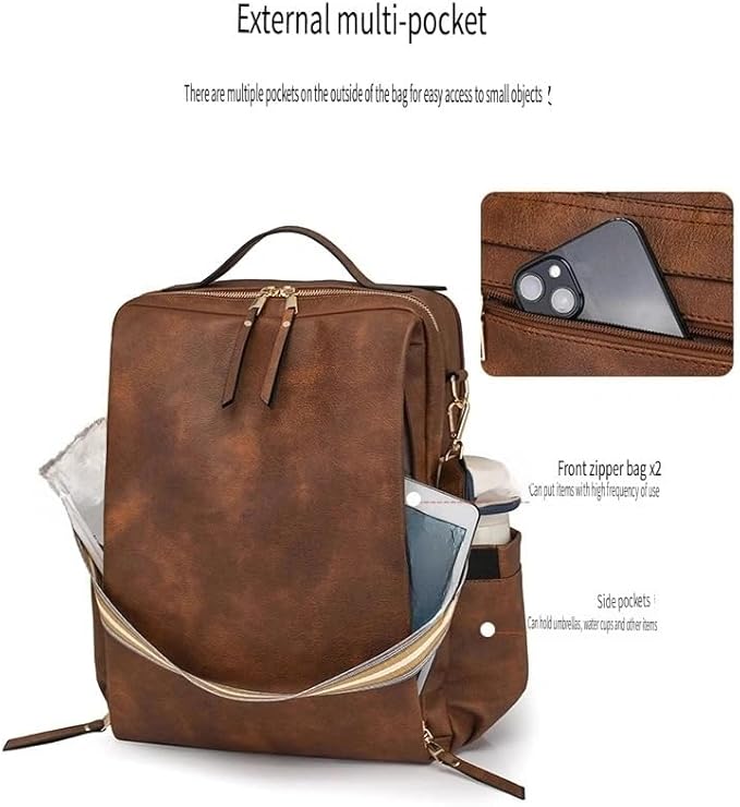 Women’s PU Leather Laptop Backpack Business Travel Shoulder Bag with Laptop Compartment – Multi-Functional Work Bag (Two-Tone Brown)