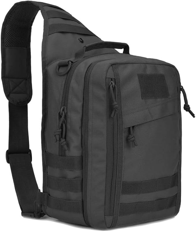 REEBOW GEAR Tactical Sling Bag Pack w/Gun Holster Small Military Rover Shoulder Sling Pack Molle Assault Range Bag Everyday Carry Diaper Bag (Style 07-Black)