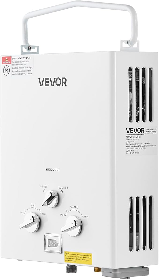 VEVOR Portable Propane Water Heater 5L Tankless Outdoor Water Heater 34000 BTU 1.32 GPM Instant Hot Water with Accessory Set + Regulator +Water Pump for RV Camping Trips Cabins Barns
