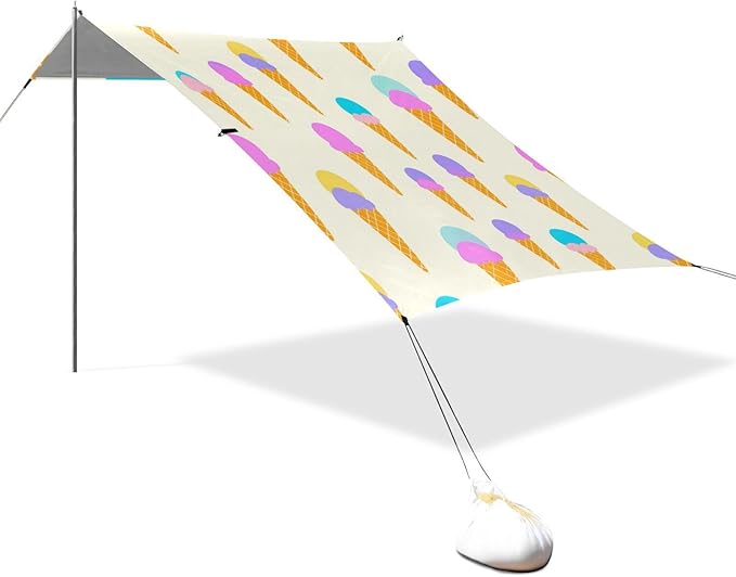 xigua Ice Cream Beach Tent Sun Shelter with Carrying Bag - Silver Coated Oxford Fabric Beach Canopy for Beach Camping Fishing - Includes Windproof Ropes Sandbags &amp Stakes