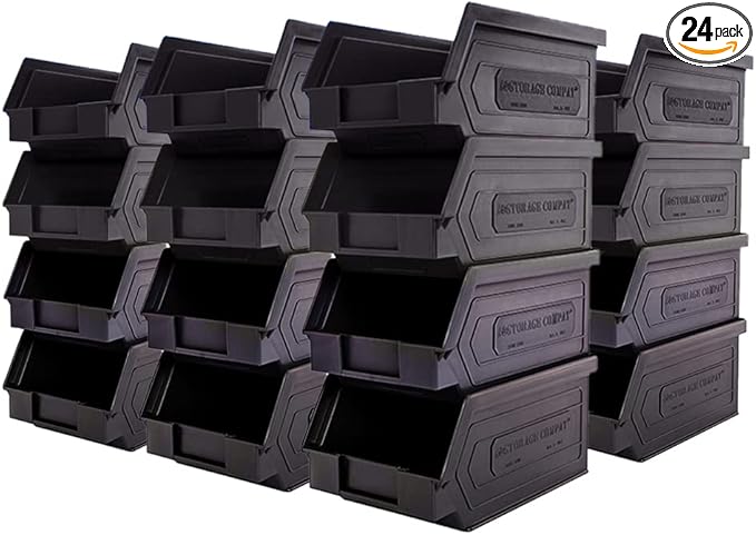 24 Pack Plastic Storage Bins Hanging Stackable Storage Organizer Bin for Warehouses Workshops 7-Inch x 4-Inch x 3-Inch Black