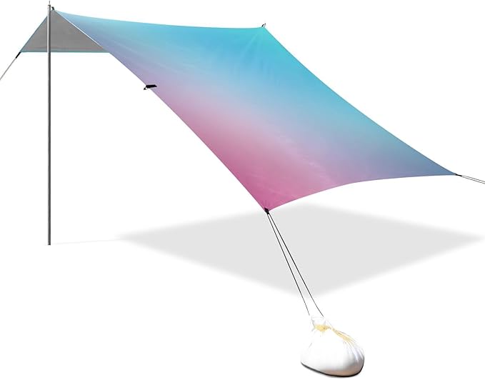 Teal Gradient Blue Pink Colored Blurred Stable Beach Tent UPF50+ Easy Setup Portable Sun Shelter with Sand Pockets for Family Trips Picnics &amp Camping