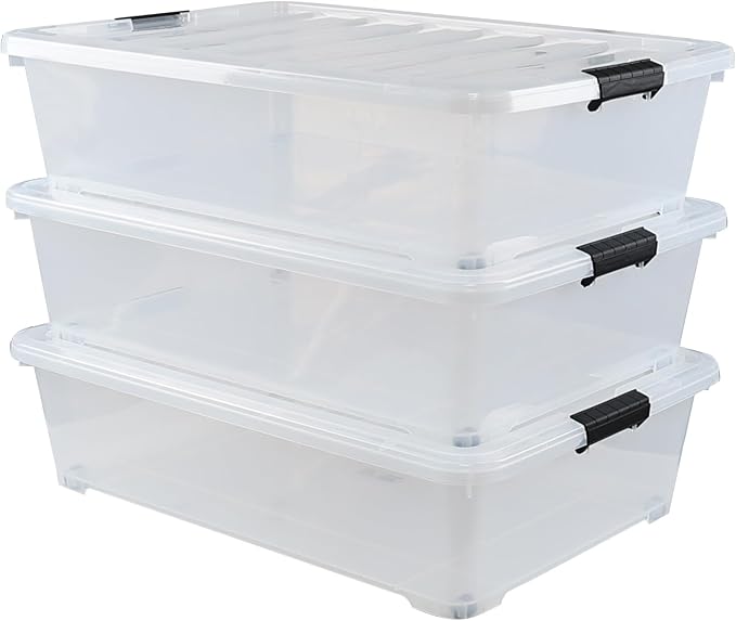 50 Quart Large Clear Underbed Boxes with Wheels Stackable Plastic Storage Bin with Lids 3 Packs