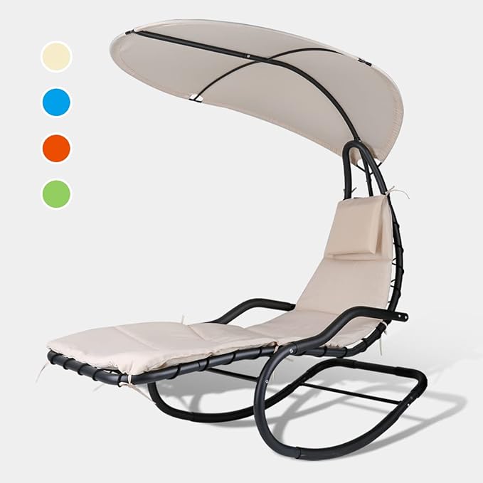 Outdoor Hammock Rocking Chaise Lounge Swing Chair with Stand and Canopy Porch Swing w/Soft Cushion Removable Headrest Outdoor Recliner Rocking Chair for Garden Backyard Poolside (Beige)