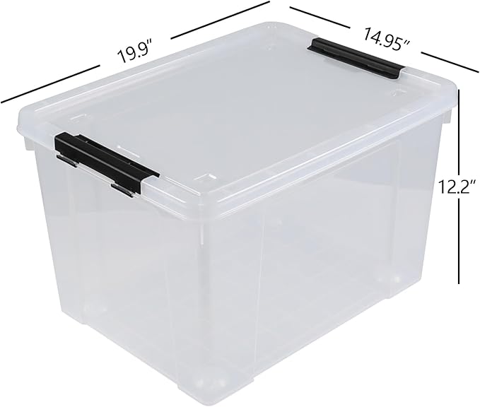 50 L Large Plastic Storage Bins with Latching Lids and Wheels 4-Pack Clear Stackable Boxes for Closet Garage