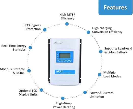 EPEVER MPPT Solar Charge Controller 40A 12/24/36/48V Auto Solar Panels Max PV 150V Common Negative Ground Solar Regulator LED &amp LCD Display for Gel Sealed Flooded Lithium Type (XTRA4415N)