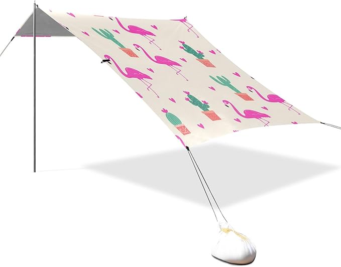 Beach Canopy with Windproof Ropes &amp Sandbags Beach Tent Sun Shade Sun Shelter for Camping Trips Fishing Backyard Fun or Picnics Flamingos