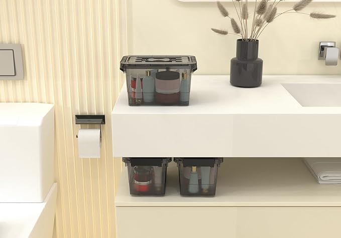 Plastic Storage Bins with Lids 5-Pack Storage Organizer 4 Quart Stackable Storage Bins with Buckle Lids and Handle easy for Home Office Pantry Organization Clear Black