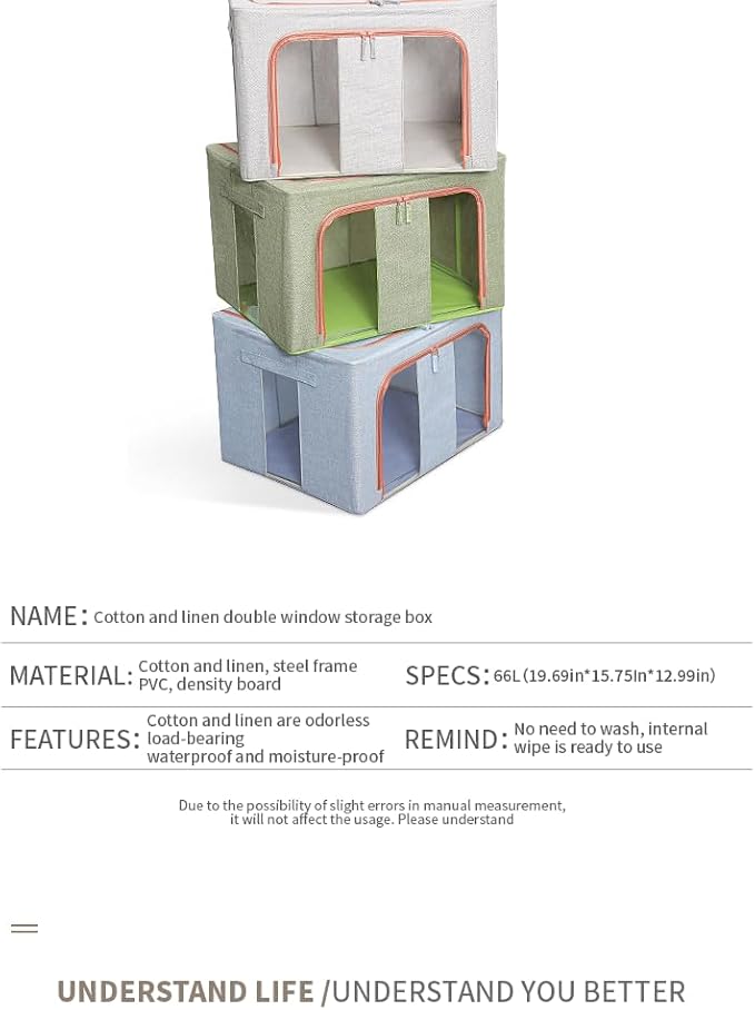 Foldable Large Storage Bin with LidInner Waterproof Film Closet Cube4 Thick Metal Frames 2Open Windows Zippers Container Organizer for Blanket BinQuiltClothesBooksLarge Cubes(66 L).