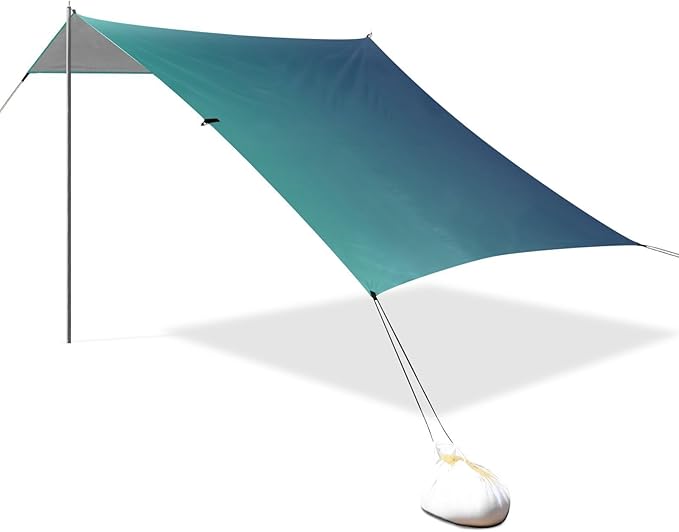 Blue Gradient Foldable Beach Tent UPF50+ Protection Easy Setup Sun Shelter with Sturdy Poles Sandbags and Shovel for Backyard and Camping