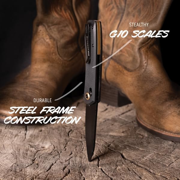OUTDOOR EDGE Sentinel 3.15 Black Oxide Drop Point Blade – Smooth Ambidextrous Cross Bar Lock Non-Slip Black G10 Handle Ideal for Hunting Fishing Camping &amp Survival